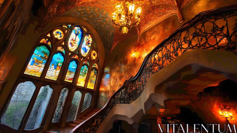 Stained glass staircase interior shows ornate curved railing