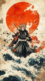 Samurai warrior standing in crashing waves before red sun.