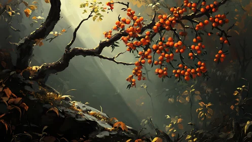 Sunlit forest scene with orange fruit tree in digital painting style.