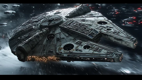 Heavily detailed starship rendered in dynamic pursuit scene