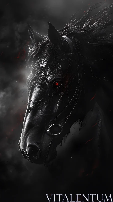 Dark warhorse portrait glows with single burning eye