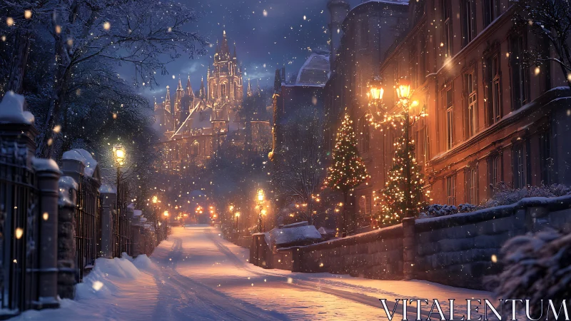 Snowy cathedral street glows with festive lamplight and trees.