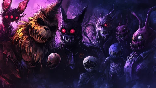 Haunting monster lineup glowing in eerie neon night.