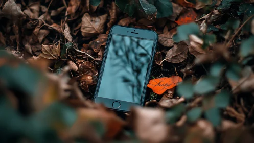 Smartphone Abandoned in Nature Among Fallen Leaves.