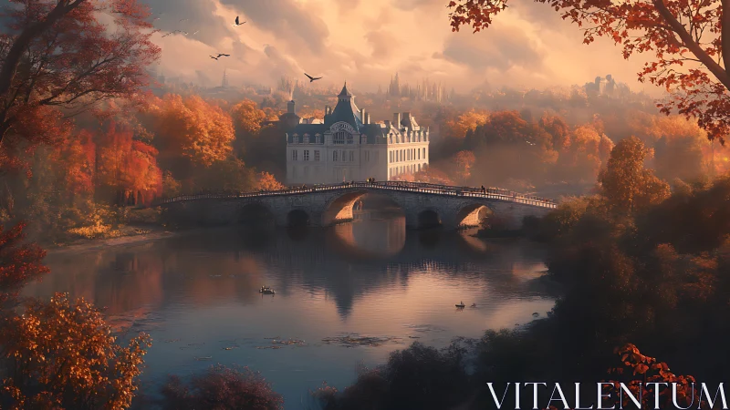 Autumnal riverside chateau under diffused golden evening light