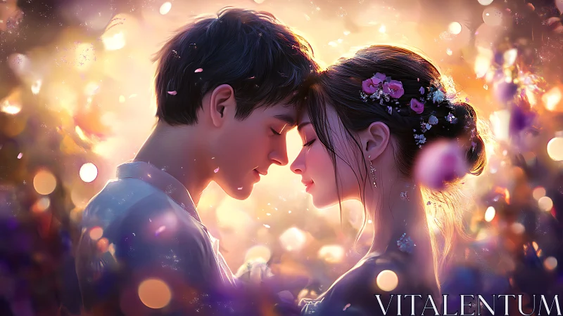 Young couple sharing intimate moment with glowing bokeh lighting