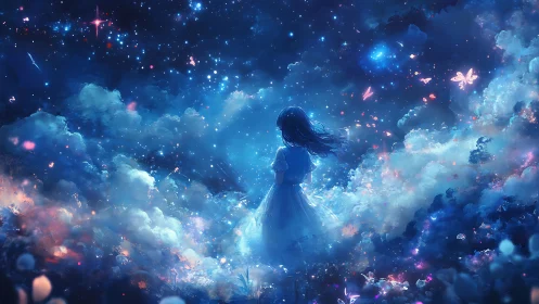 Ethereal anime girl in cosmic nebula field, luminous backlight.