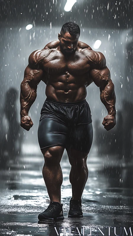 Muscular bodybuilder walks through rain in dramatic gym corridor.