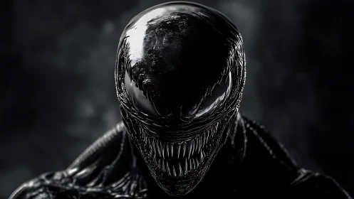 Glossy black creature head shows reflective surface and teeth