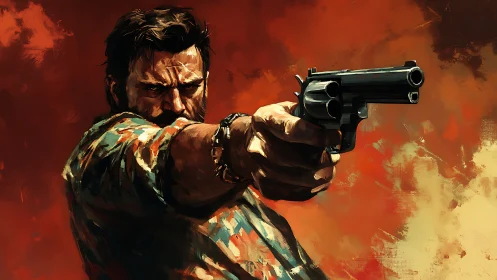 Gunman extends revolver toward viewer against burning sky