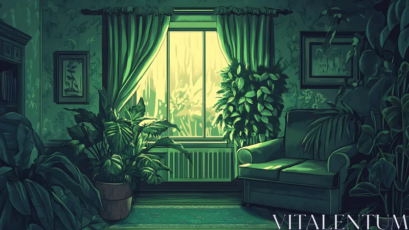 Verdant living room window with lush indoor plants at dusk.