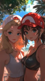 Sunlit caps tilt as beachside best friends claim the frame