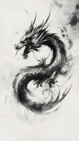 Monochrome ink illustration of coiled Eastern style dragon.