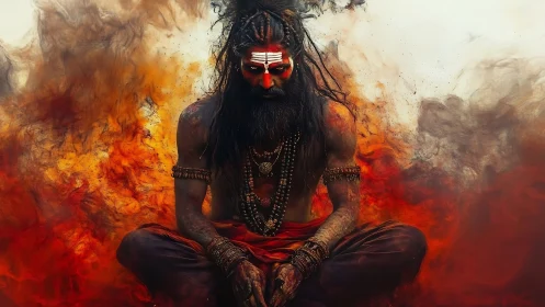 Fiery mystic meditates within swirling smoke and embers.