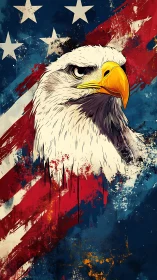 Stylized bald eagle portrait on distressed US flag backdrop