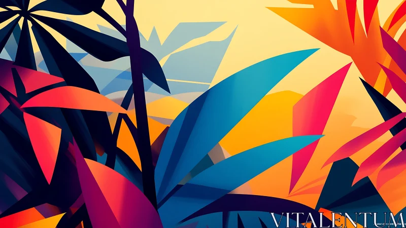 Tropical neon foliage collides with sunrise geometry glow.