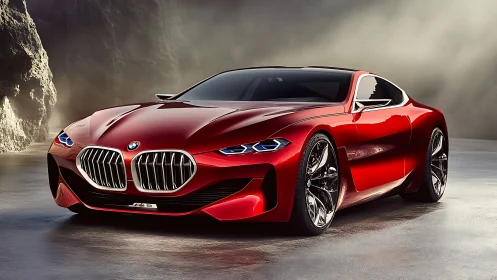 Sculpted red BMW concept coupe under cinematic studio light.