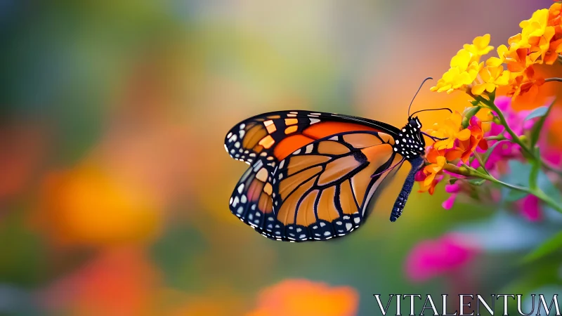 Monarch butterfly grips vivid lantana blooms in sunlight.