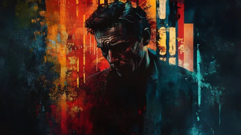 Brooding male portrait in fractured neon chiaroscuro palette.