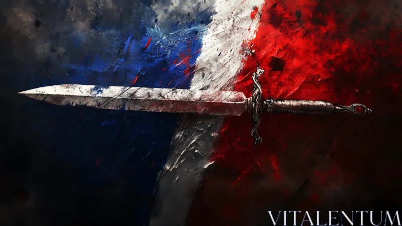 Sword across bold tricolor strokes of light and shadow.