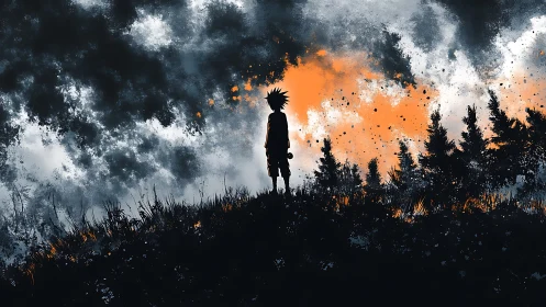 Stormlit silhouette boy quietly rewrites the burning sky