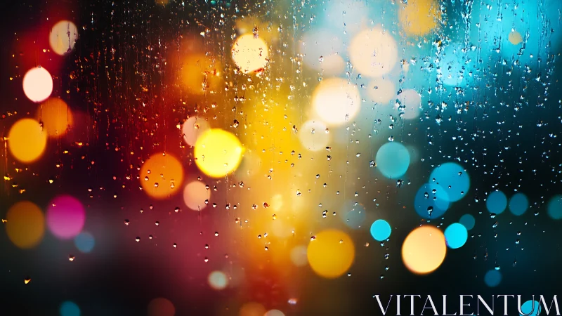 Raindrops on glass with multicolor urban bokeh lights.
