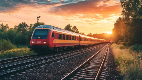 Sunlit regional passenger train on double-track railway alignment.