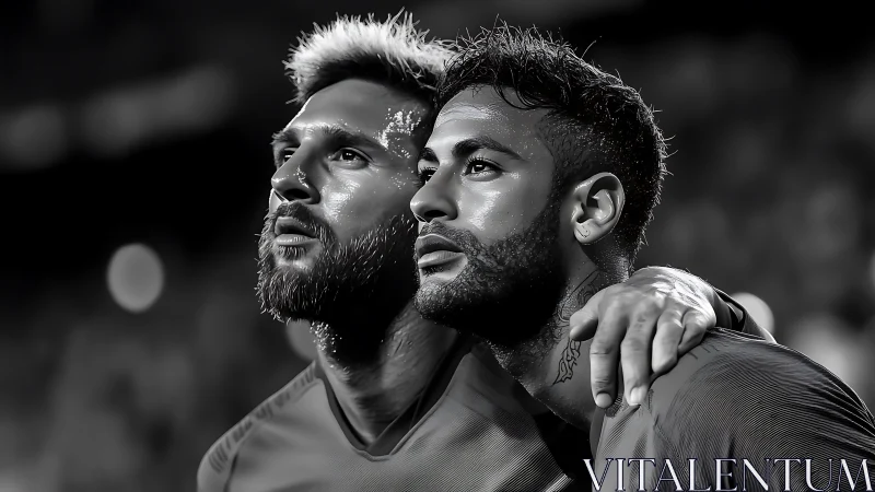 Close football teammates gaze upward under stadium lights.