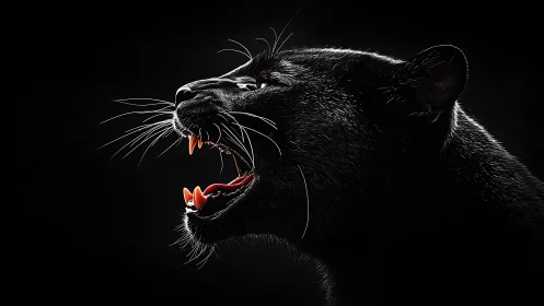 Feline Predator Portrait with Exposed Dentition Against Black Ground.