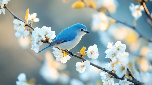 Bluebird on Blossoming Branch in Soft Pastel Spring Scene.