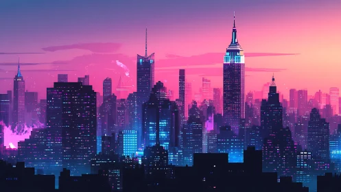 Neon dusk crowns a synthwave skyline of glowing towers.