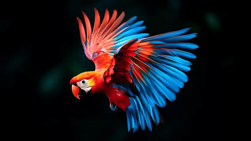Vibrant Scarlet Macaw in Flight Against Dark Background, Realistic Style.