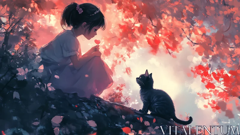 Girl sits with black kitten under glowing red foliage.