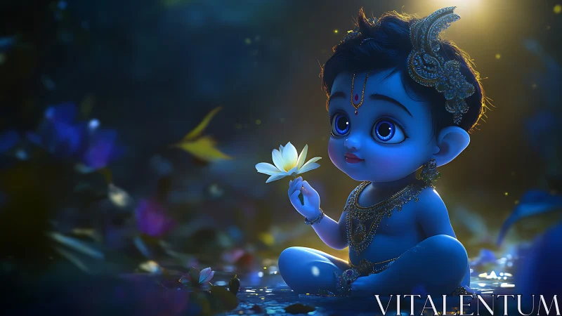 Divine blue infant krishna rendered in nocturnal lotus glow.