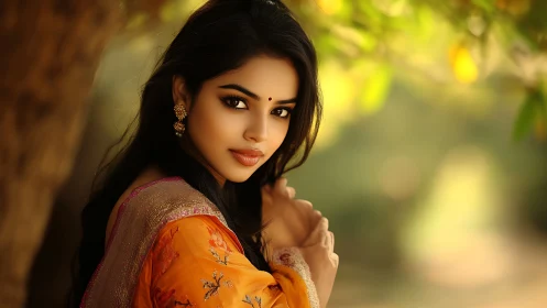Elegant Woman in Traditional Orange Saree, Soft Outdoor Portrait.