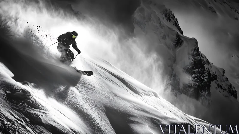 Powder phantom carves silver arcs through stormlit cliffs