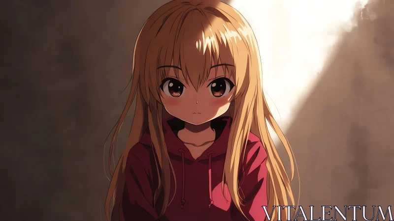 Soft light catches a shy anime girl in quiet reflection