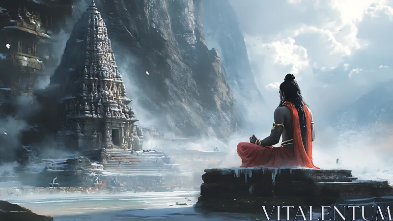 Meditating figure faces carved mountain temple in misty valley