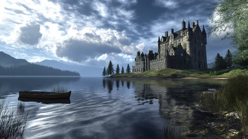 Lakeside stone castle under dramatic clouds with rowboat reflections.