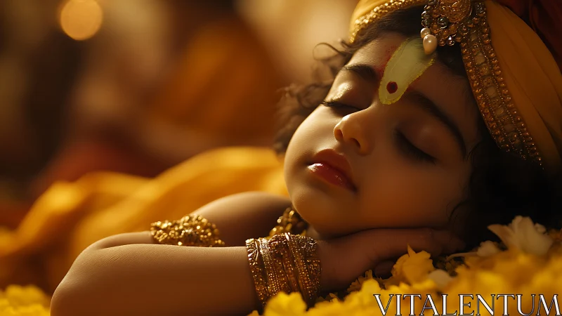 Golden slumber of jeweled child wrapped in sacred warmth.