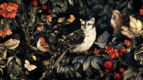 Detailed illustration of birds and owl in vibrant floral setting.