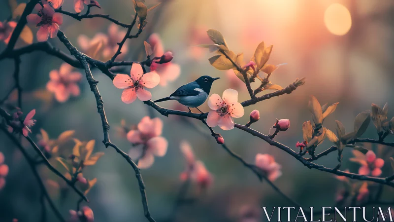 Small bird sits on blooming branch in warm sunset light