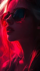Side profile portrait in red neon light with sunglasses.