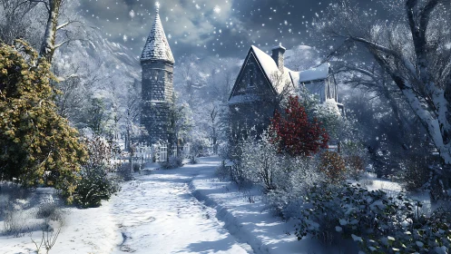 Digital painting of snowy cottage path with stone turret tower.