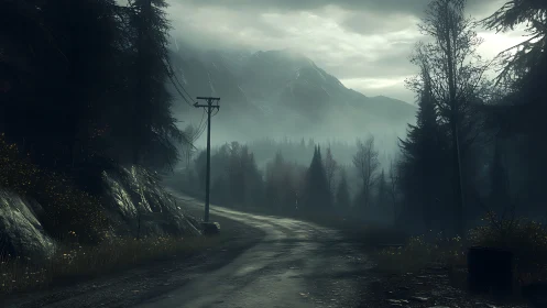 Foggy forest road beneath overcast mountain sky at dawn.