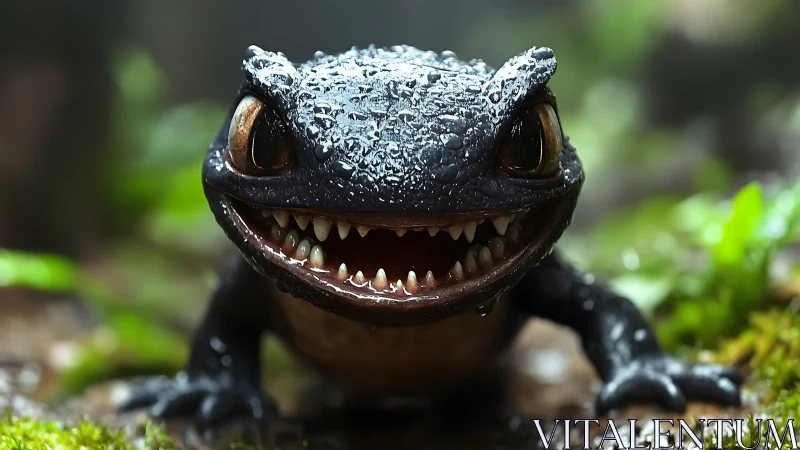 Playful raindrop lizard sharing a mischievous forest grin.