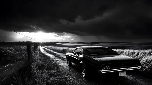 Black classic coupe stands on wet rural road under storm clouds
