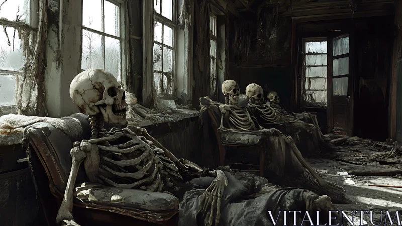 Decayed skeletons in abandoned waiting room, high-detail render