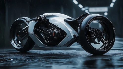 Cyberpunk monocoque hoverbike in rain-soaked tunnel render.