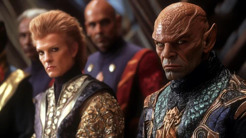 Two alien dignitaries stand in ornate sci fi ceremonial attire